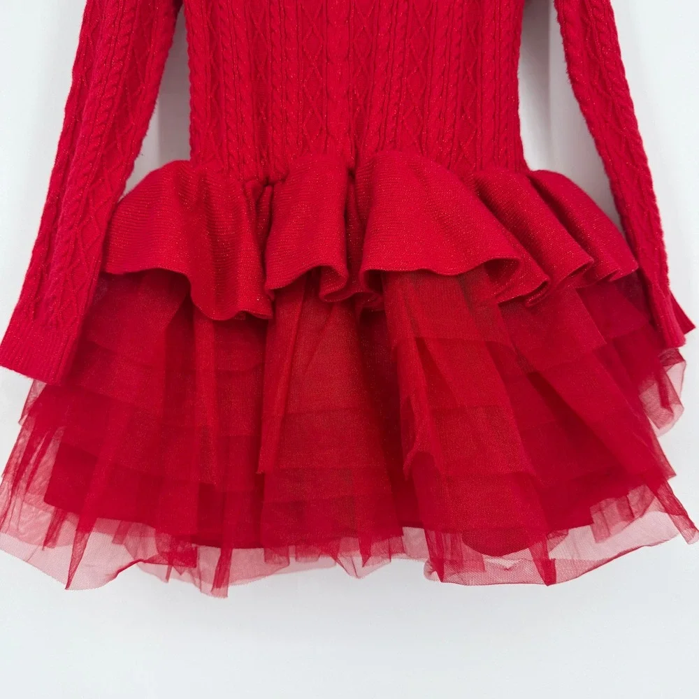 American Girl Red Crimson Sparkle Sweater Dress Sz 6 Cable Knit Tulle Skirt
